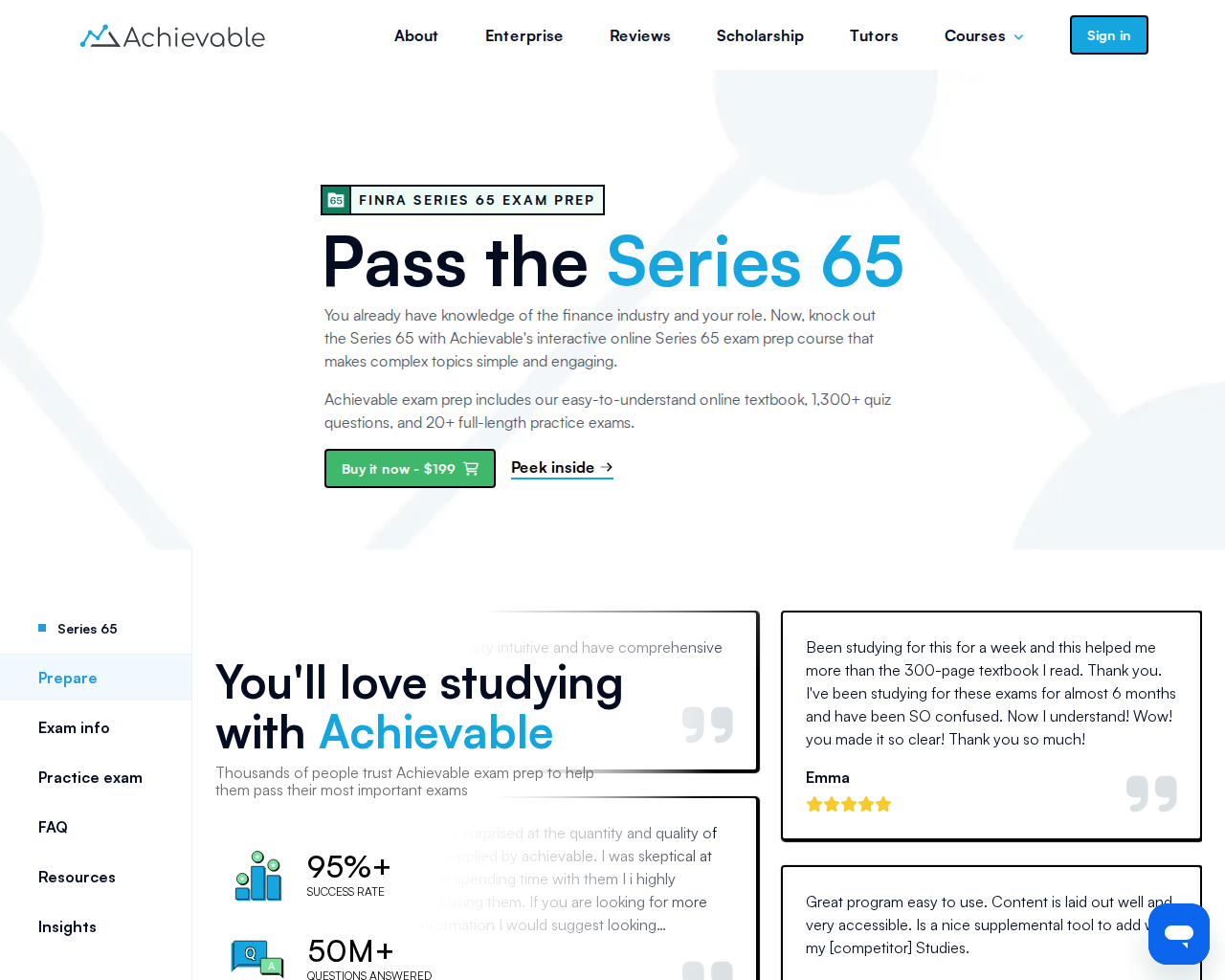Achievable Series 65 platform screenshot showing dashboard and practice interface