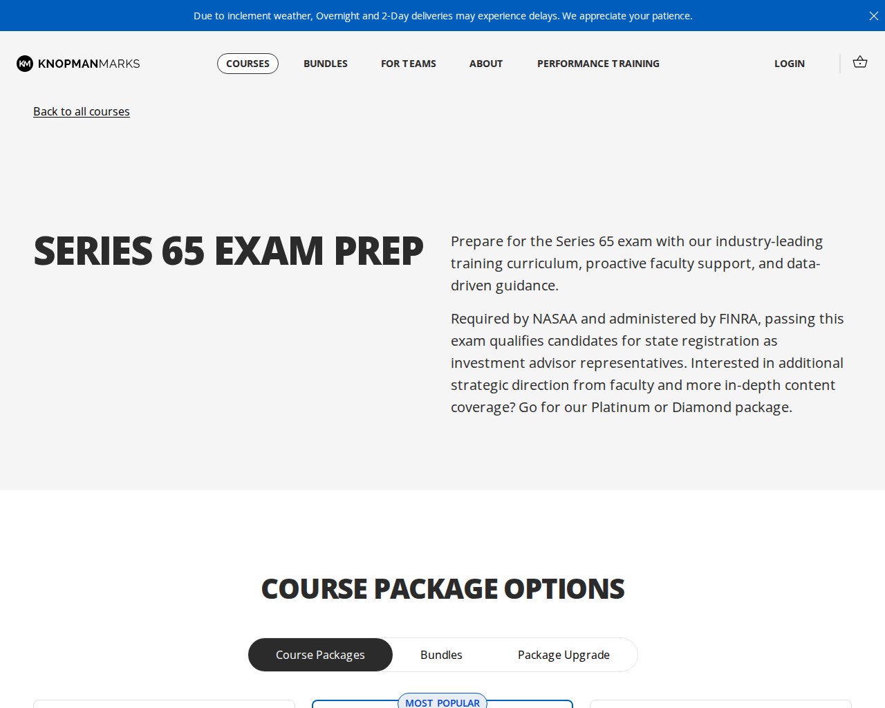 Knopman Marks Series 65 platform interface showing pricing and course features